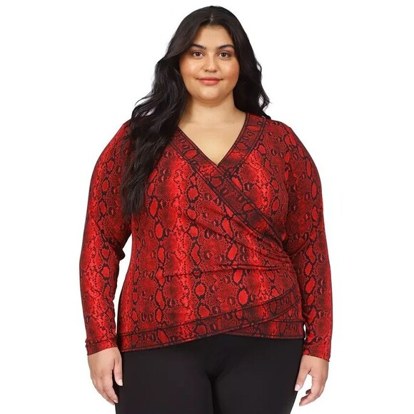 Michael Kors Women's Plus Size Top Snakeskin-Print Crossover Border Top Red 1X - Picture 1 of 8